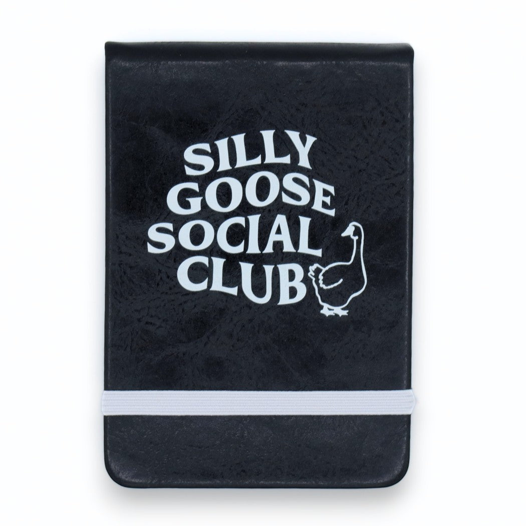 Mellow Monkey black leatherette pocket journal with Silly Goose Social Club text and goose graphic