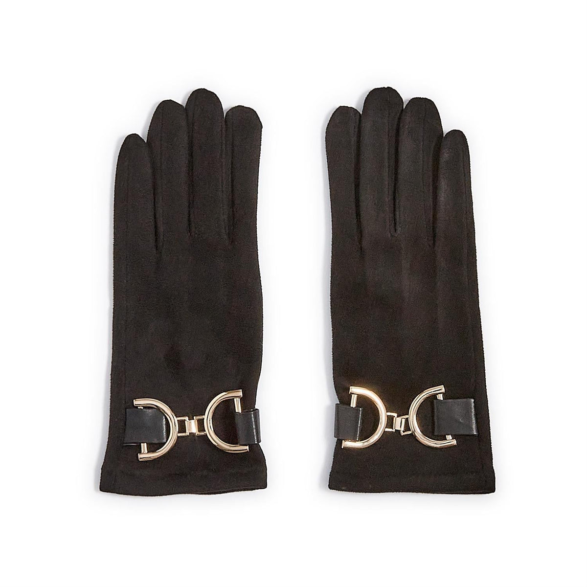 Mellow Monkey black microsuede Milano oversized gloves featuring a gold-tone bit detail and touchscreen fingertips.
