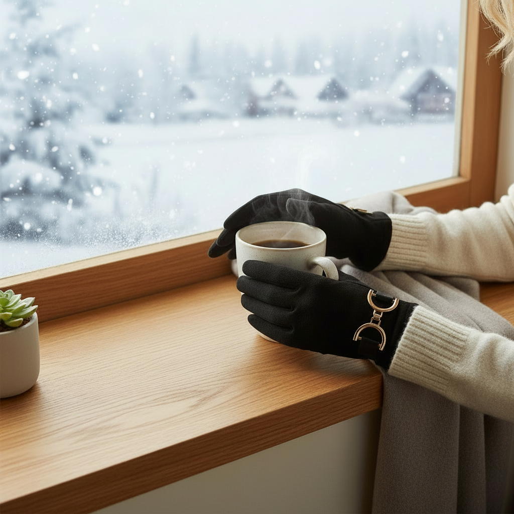 Mellow Monkey black microsuede gloves with gold bit detail and touchscreen fingertips held by a person with a mug.