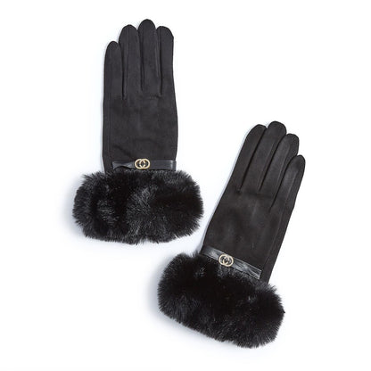 Mellow Monkey black microsuede gloves with faux fur cuffs and rhinestone bit detail, featuring touchscreen fingertips.