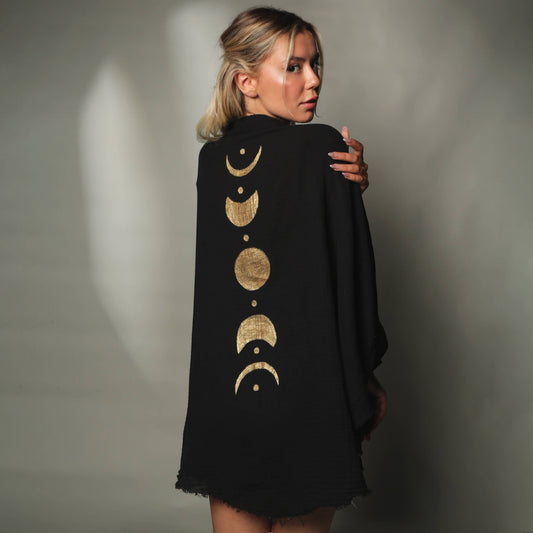 Mellow Monkey black 4-layer muslin kimono robe with gold moon phases design on back. One size.