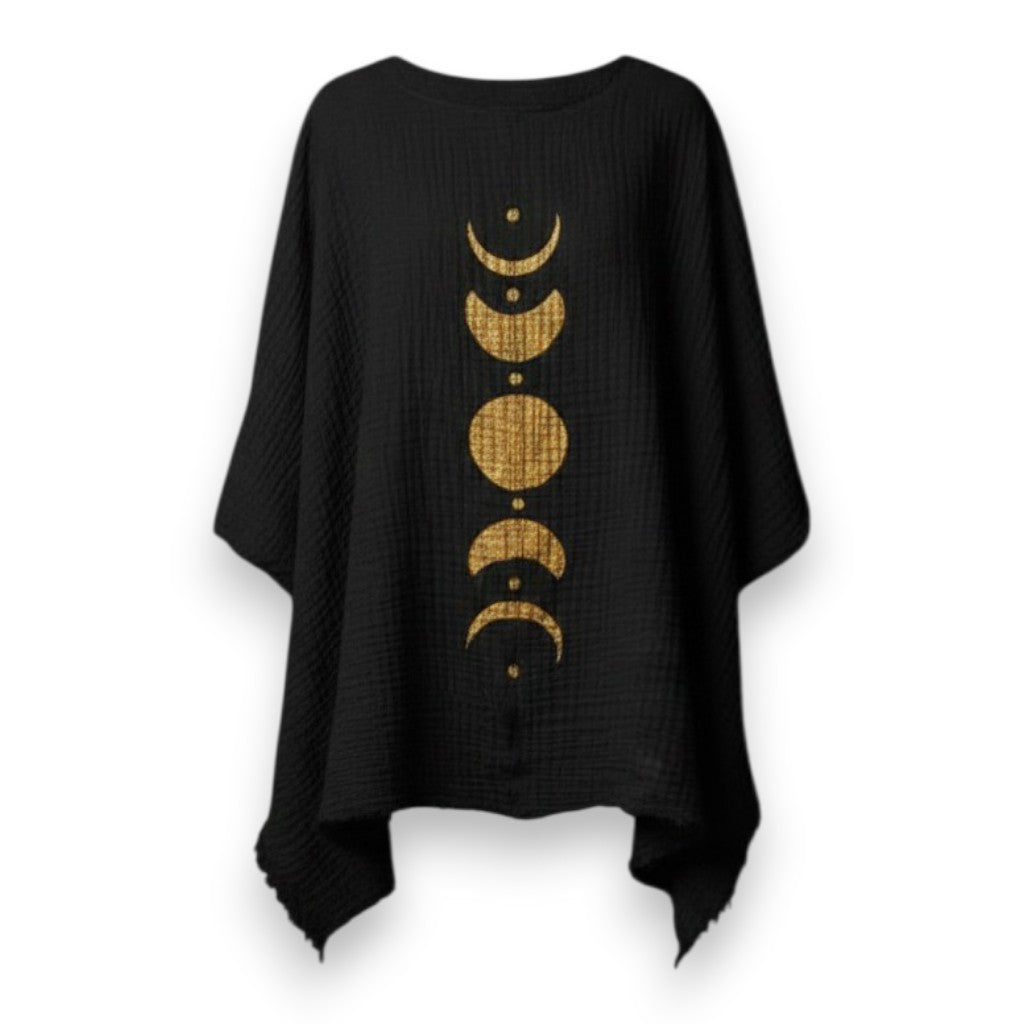 Mellow Monkey black 4-layer muslin kimono robe with golden moon phases design on back. One size fits most.