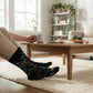 Mellow Monkey black crew socks featuring neon mystical symbols, crystals, and the text I'm Into Weird Shit