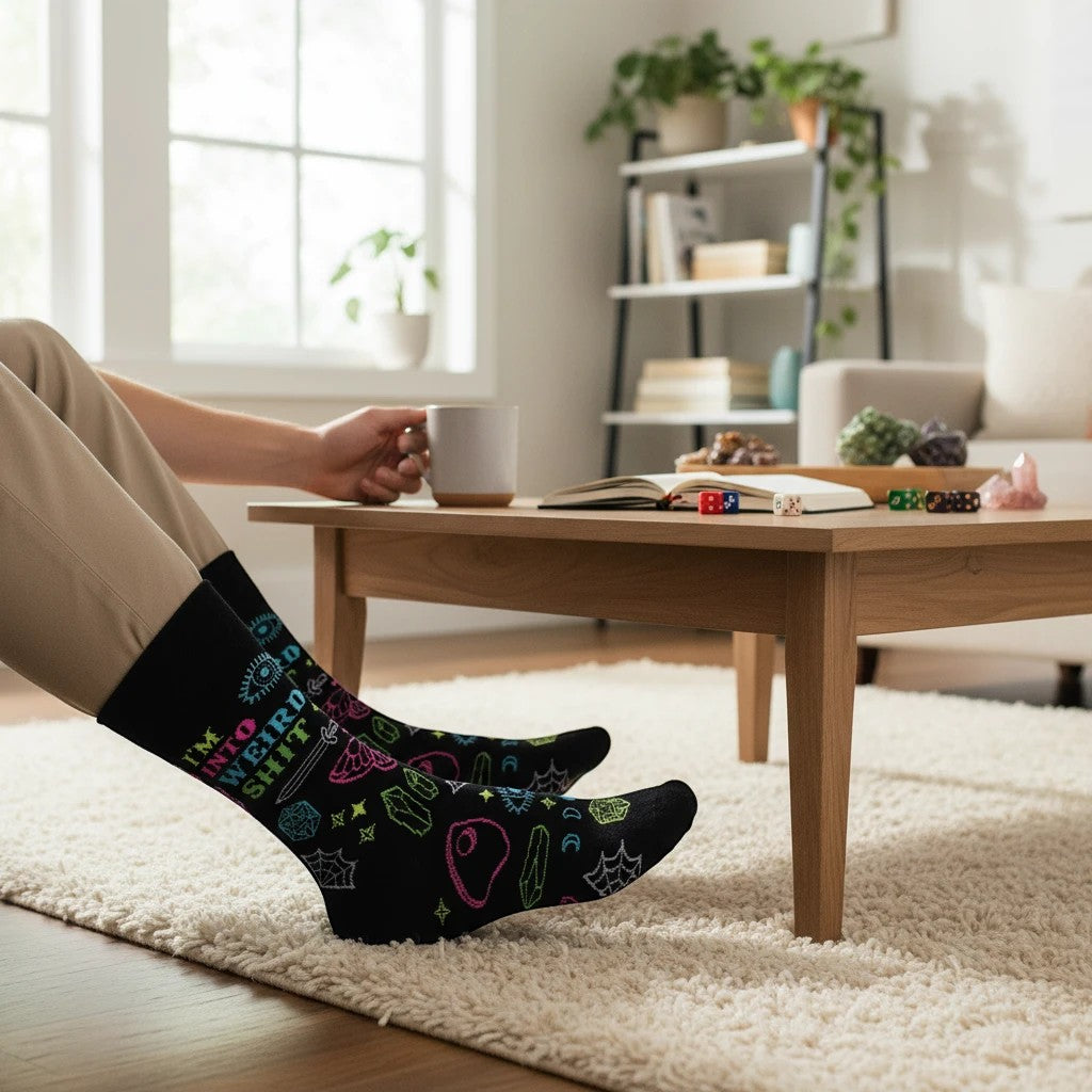 Mellow Monkey black crew socks featuring neon mystical symbols, crystals, and the text I'm Into Weird Shit