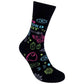 Mellow Monkey black novelty socks featuring neon-colored occult symbols like eyes, moths, crystals, and dice.
