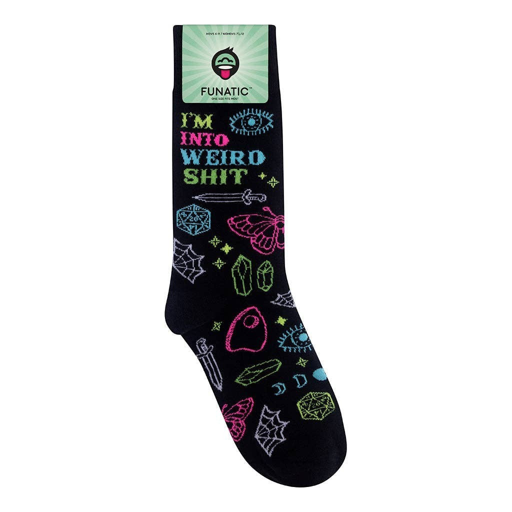 Mellow Monkey black novelty socks with neon graphics of swords, crystals, and eyes, featuring the text I'm Into Weird Shit