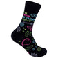 Mellow Monkey black novelty socks featuring neon graphic prints of swords, crystals, and the text I'm Into Weird Shit.