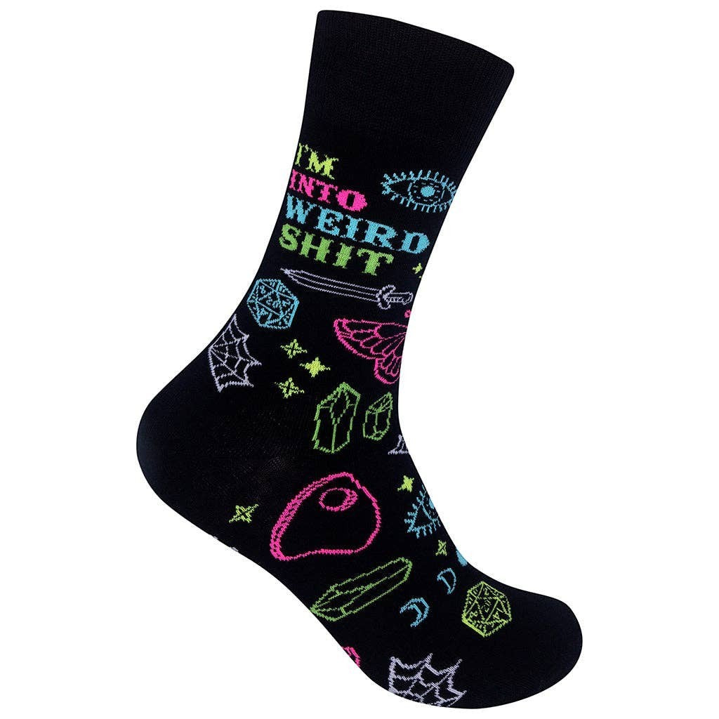 Mellow Monkey black novelty socks featuring neon graphic prints of swords, crystals, and the text I'm Into Weird Shit.