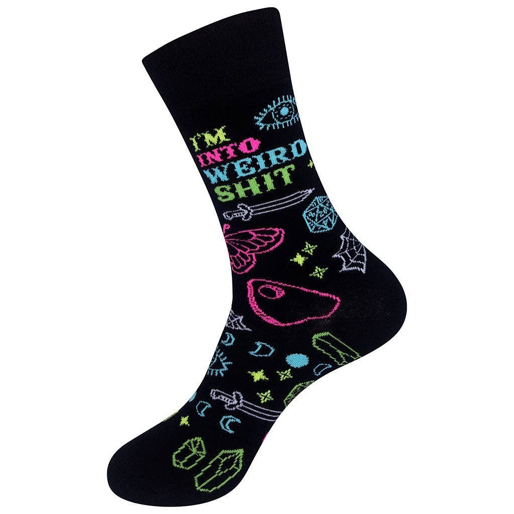 Mellow Monkey black novelty socks featuring neon graphics of swords, crystals, and the text I'm Into Weird Shit.