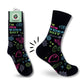 Mellow Monkey black novelty socks featuring neon graphic prints of crystals, moths, and the text I'm Into Weird Shit.