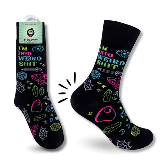 Mellow Monkey black novelty socks featuring neon graphic prints of crystals, moths, and the text I'm Into Weird Shit.