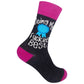 Mellow Monkey black crew socks with hot pink heels, toes, and cuffs, featuring a blue ribbon and funny text.