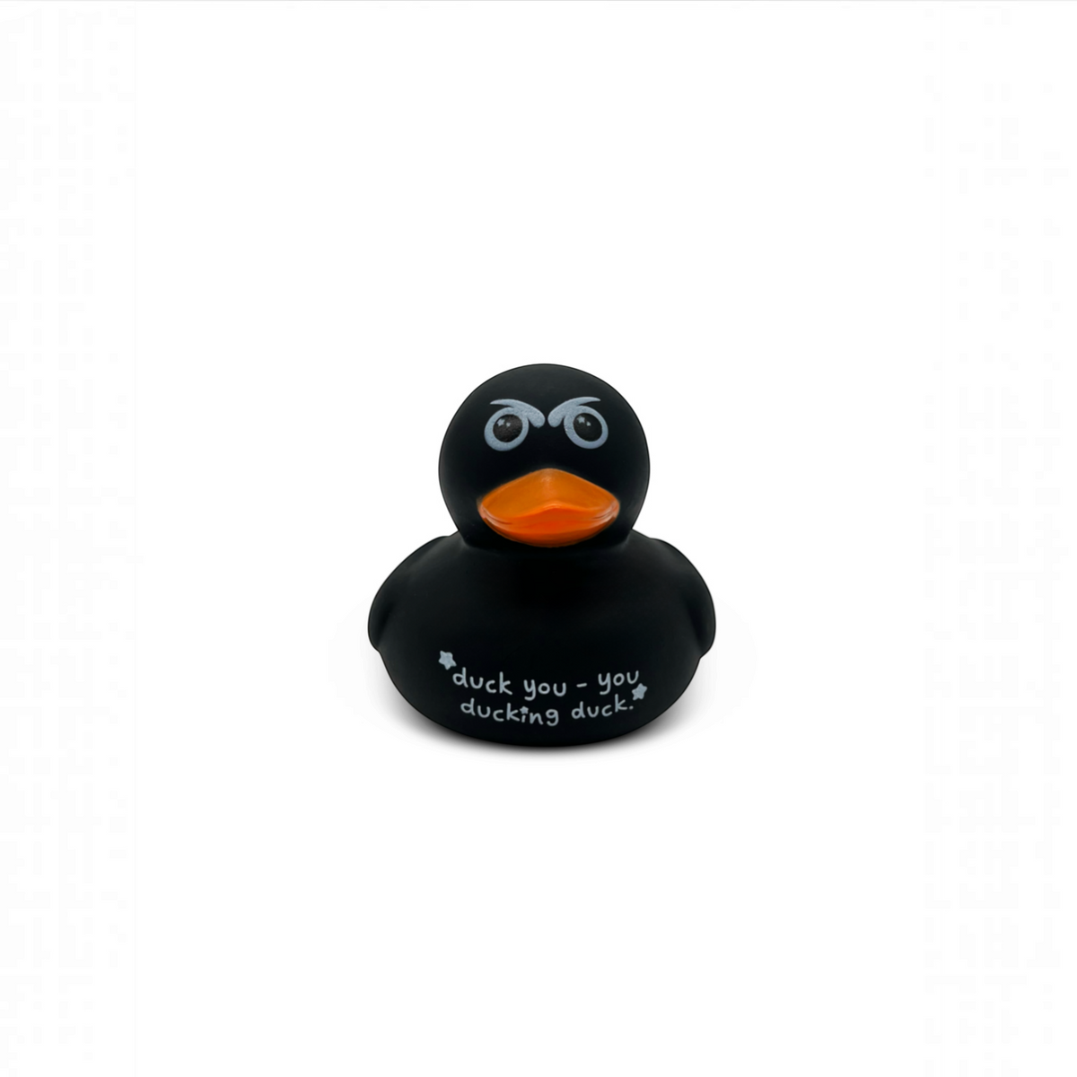 Mellow Monkey black rubber duck with an orange beak and a funny duck pun printed on the front.
