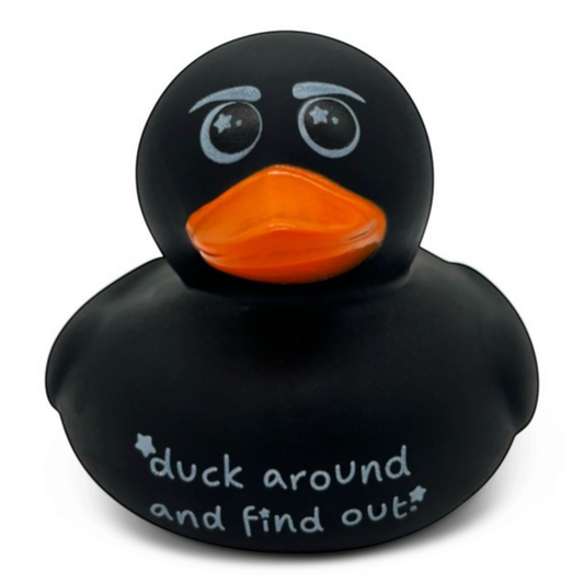 Mellow Monkey black rubber duck featuring the witty pun text duck around and find out and a bright orange beak