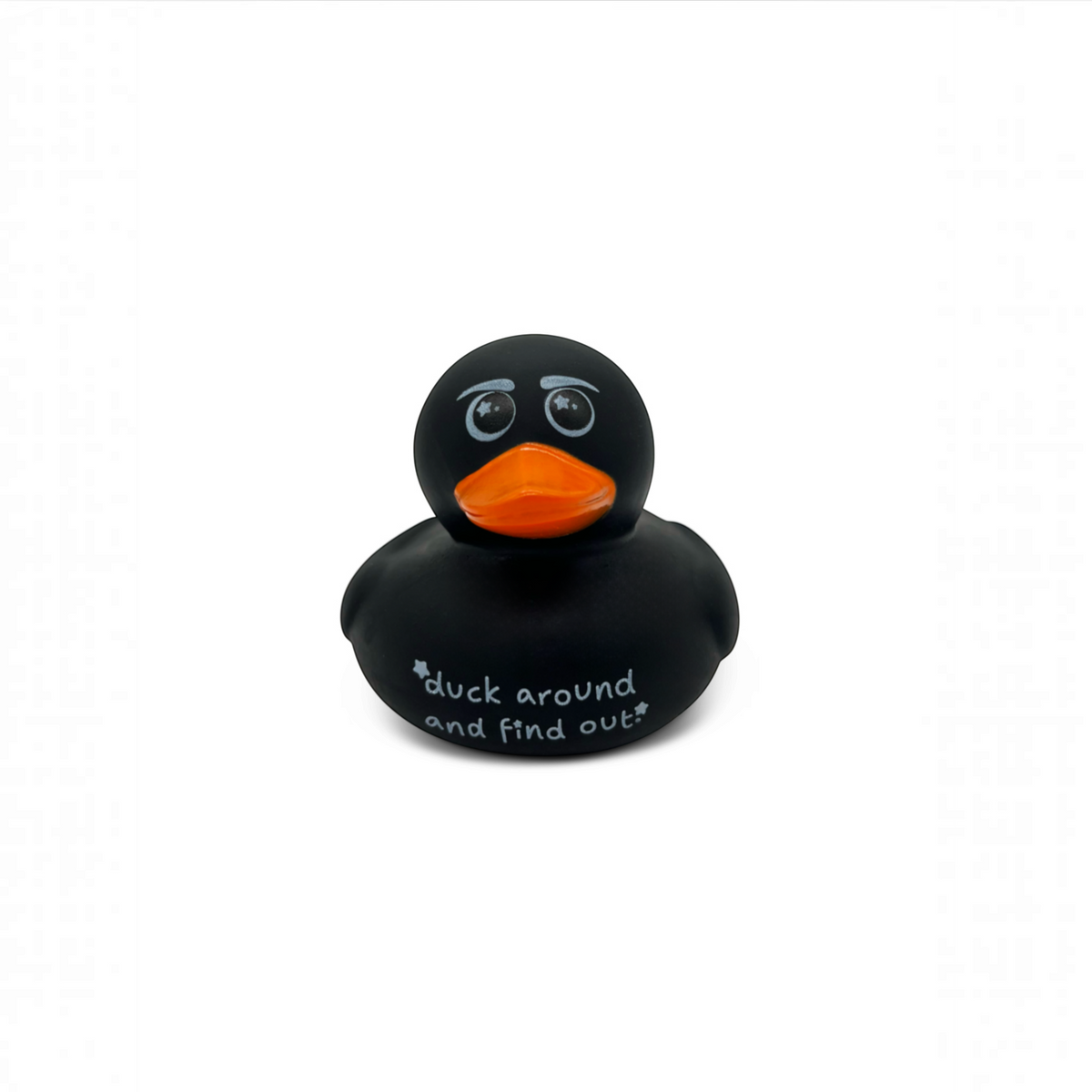 Mellow Monkey black rubber duck with orange beak and the punny phrase duck around and find out printed on the front