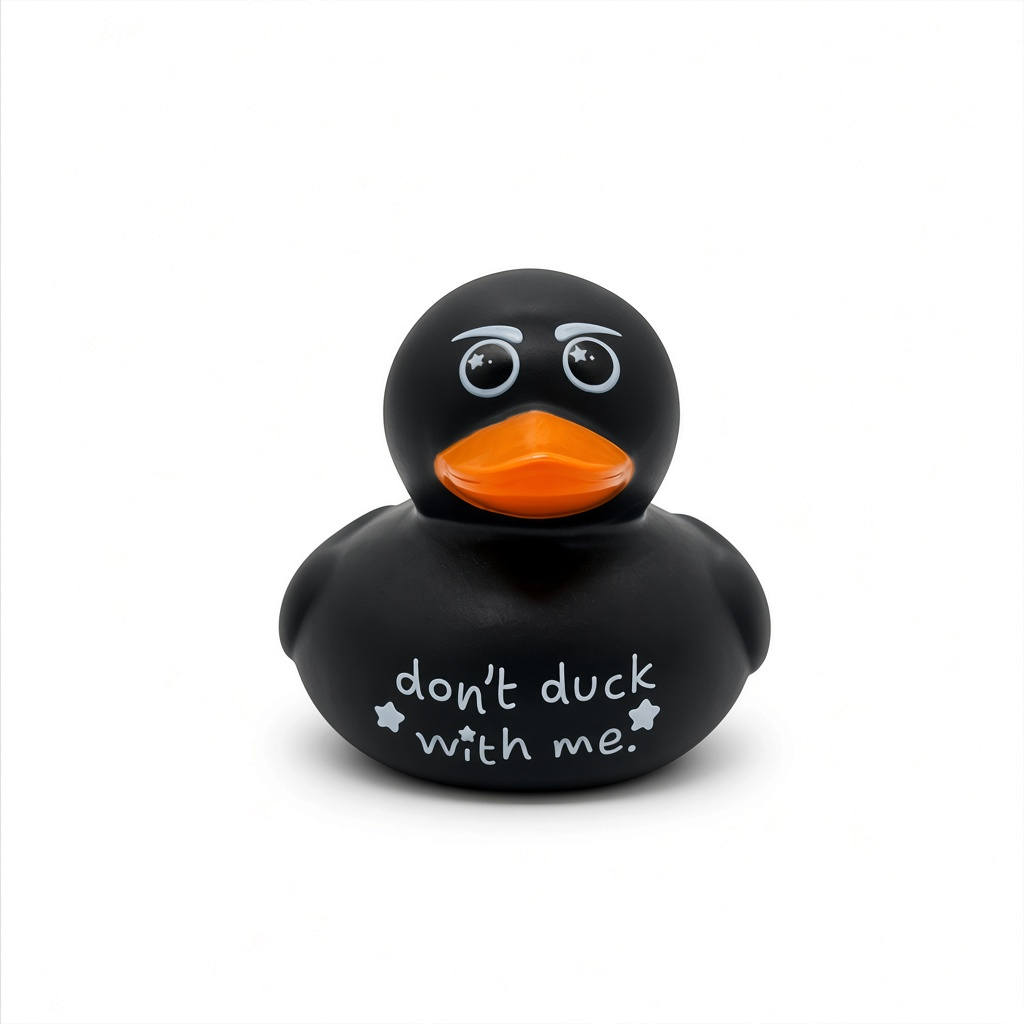 Mellow Monkey black rubber duck with orange beak and white text reading don't duck with me