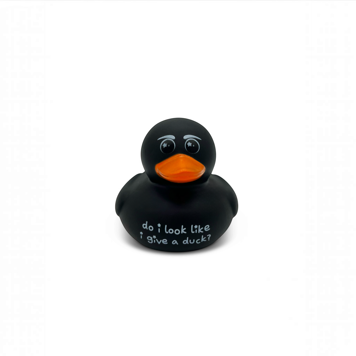 Mellow Monkey black rubber duck with orange beak and the punny text Do I look like I give a duck? printed on front