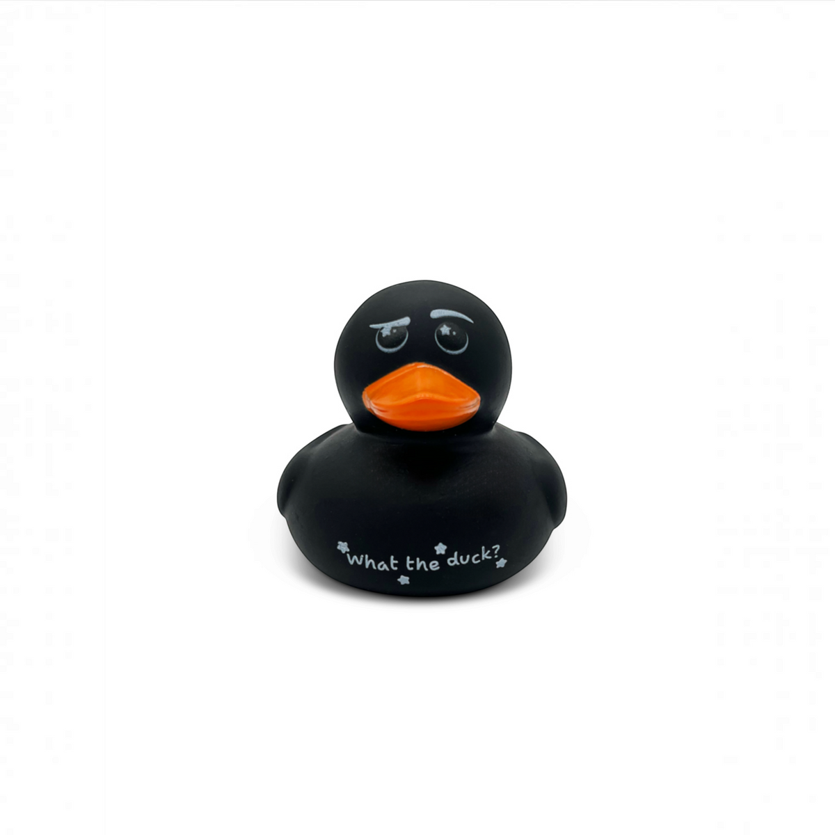 Mellow Monkey black rubber duck with an orange beak and the pun What the duck? printed on the front