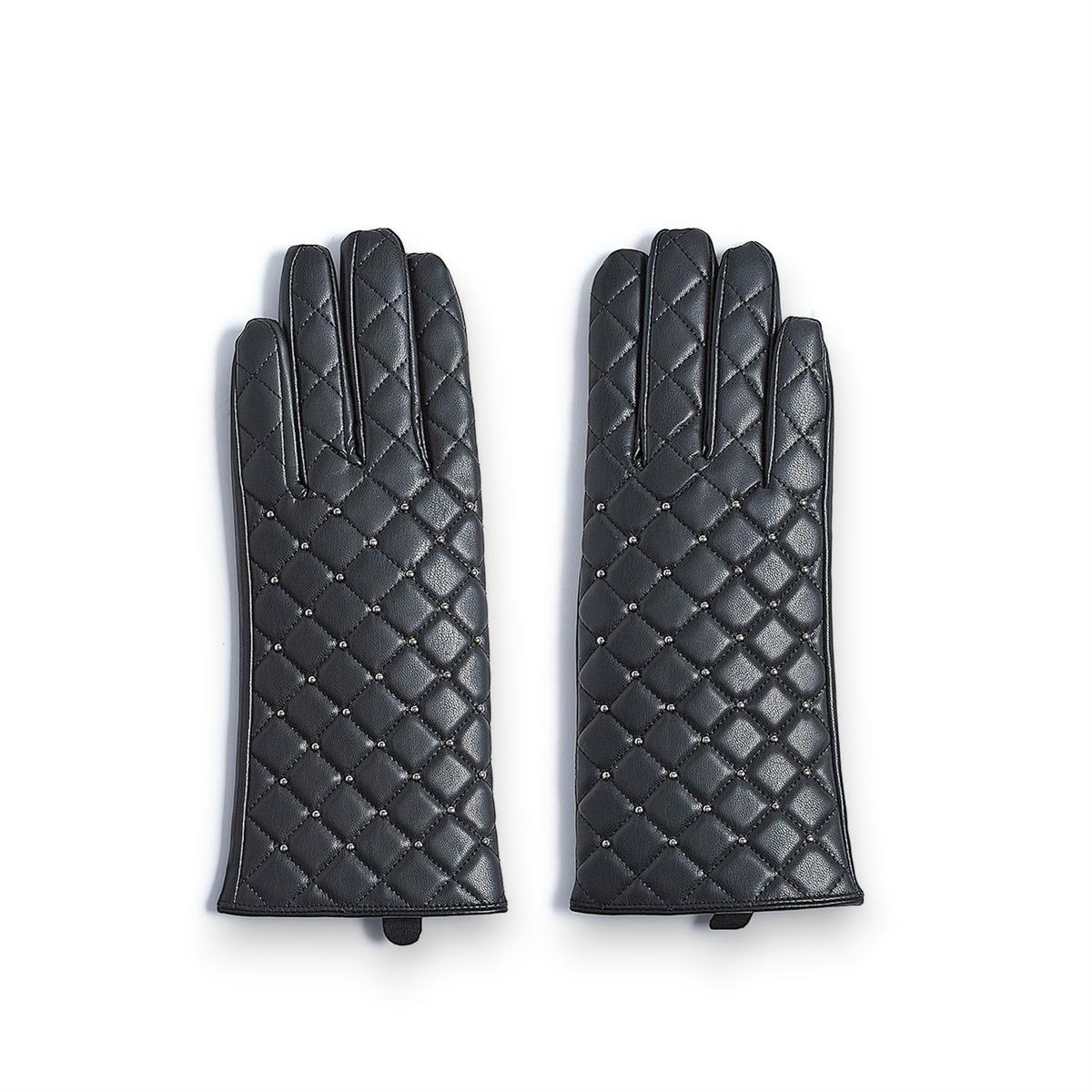 Mellow Monkey black vegan leather decorative gloves with quilted stitching and silver stud accents