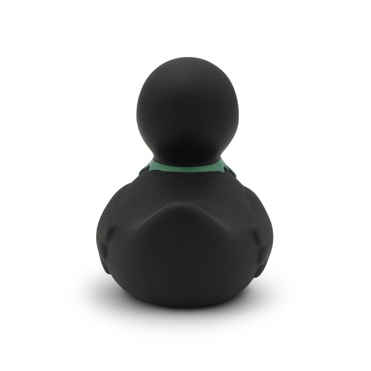 Mellow Monkey gothic rubber duck with a matte black finish and green collar seen from the back