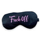 Mellow Monkey Fuck Off black satin sleep mask with pink text, lightweight and comfortable for travel.