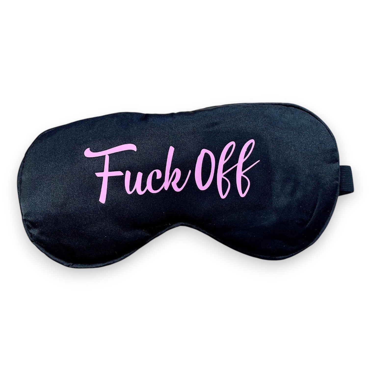 Mellow Monkey Fuck Off black satin sleep mask with pink text, lightweight and comfortable for travel.