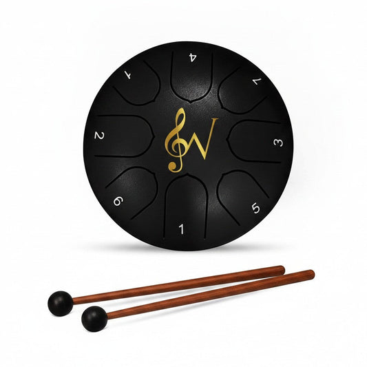 Mellow Monkey 6-inch black steel tongue drum with 8 notes, gold musical symbol, and included mallets and music book.