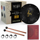 Mellow Monkey 6-inch black steel tongue drum with 8 notes, gold musical symbol, and included mallets and music book.