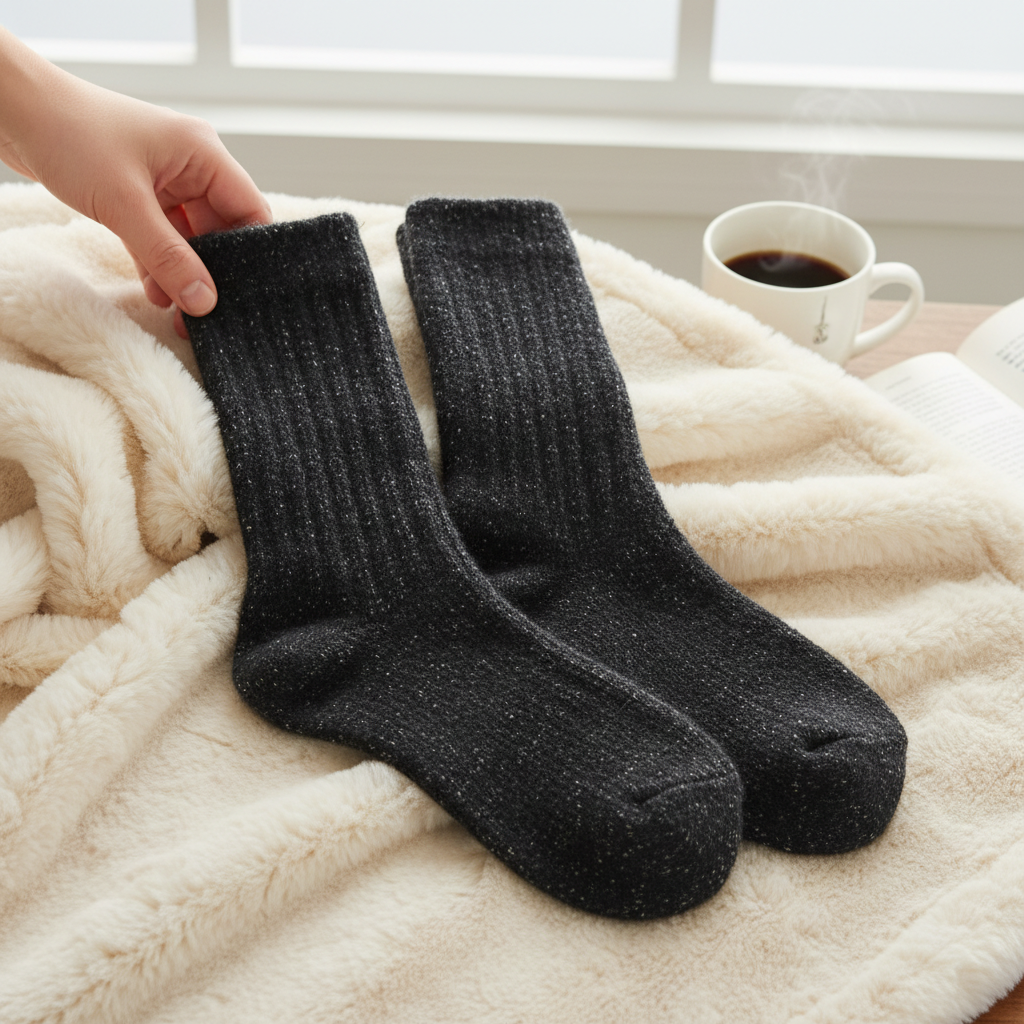 Mellow Monkey World's Softest black textured ragg crew socks resting on a soft cream faux fur blanket with coffee.