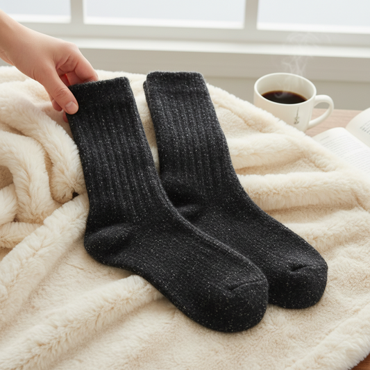 Mellow Monkey World's Softest black textured ragg crew socks resting on a soft cream faux fur blanket with coffee.