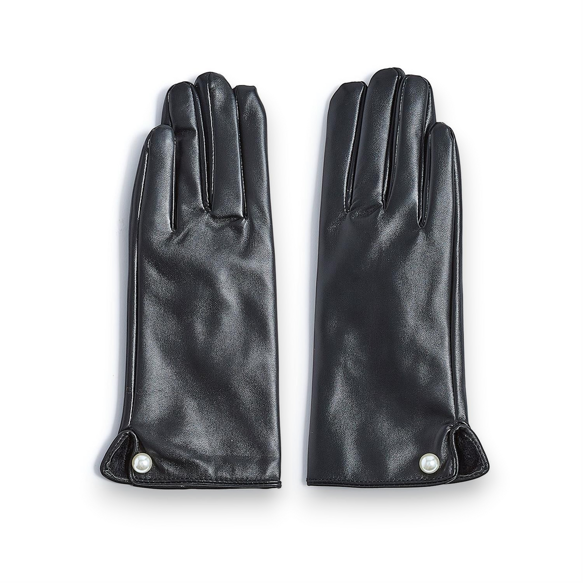 Mellow Monkey black vegan leather decorative gloves with pearl accent detail on white background