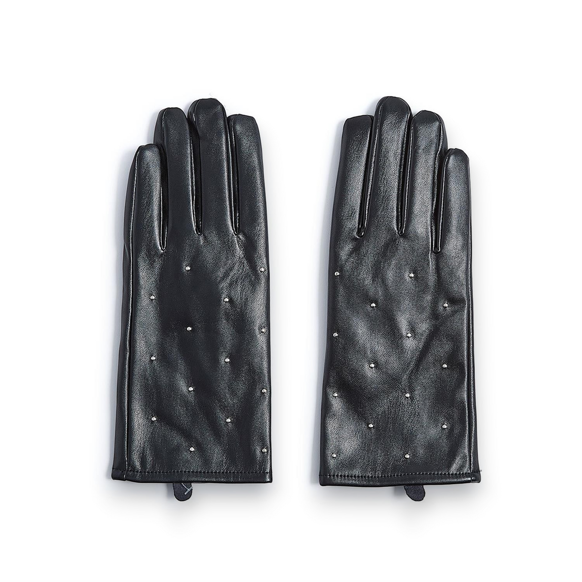 Mellow Monkey black vegan leather decorative gloves with silver stud detailing, handcrafted for home decor.