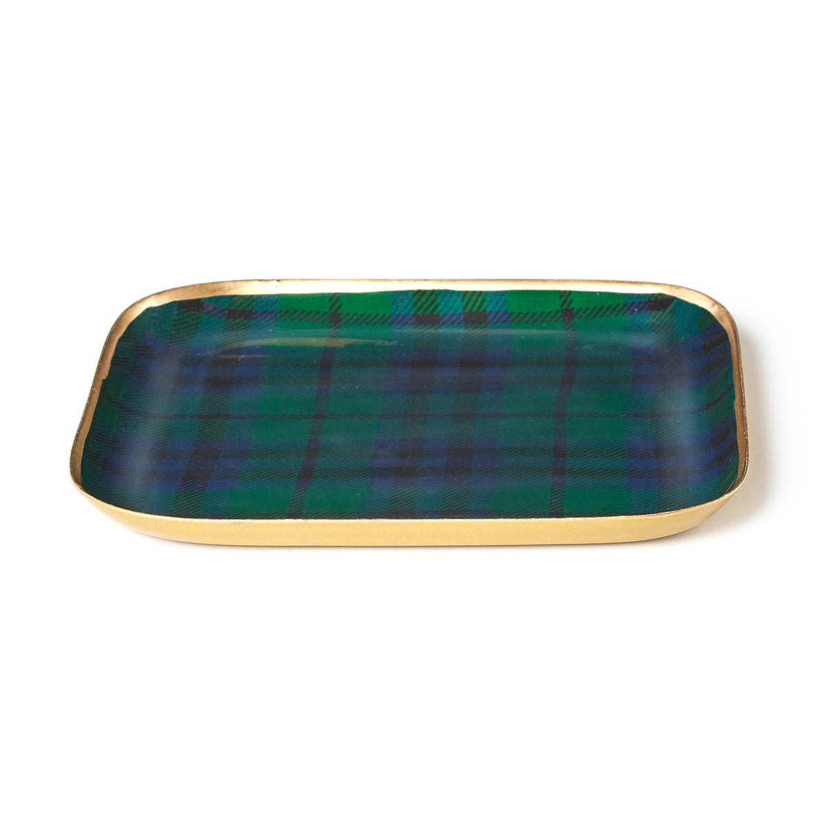 Mellow Monkey rectangular metal tray featuring a green and navy Black Watch tartan plaid pattern with gold edges.