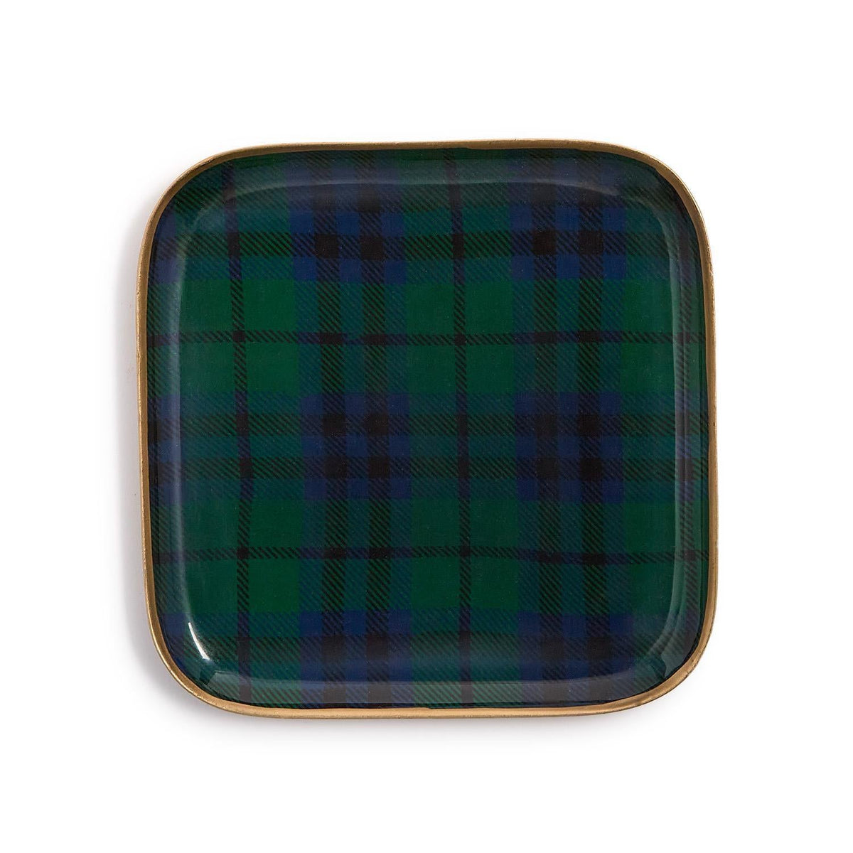 Mellow Monkey square metal tray featuring a classic green and blue Black Watch tartan plaid pattern
