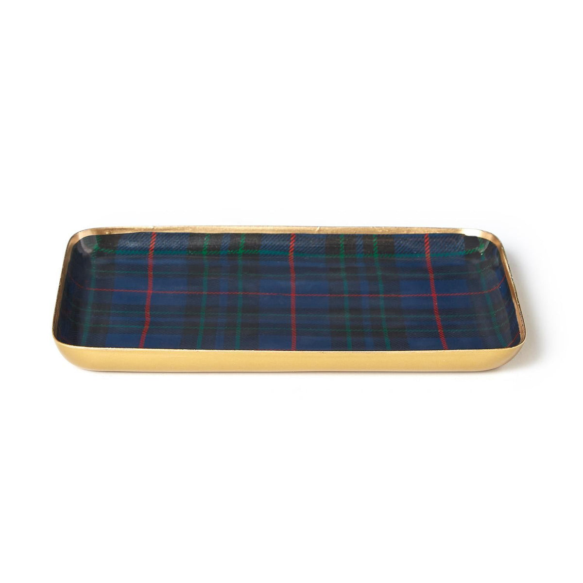 Mellow Monkey rectangular metal tray featuring a classic blue and green Black Watch tartan plaid pattern