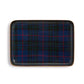 Mellow Monkey rectangular metal tray featuring a classic blue, green, and red Black Watch tartan plaid pattern.