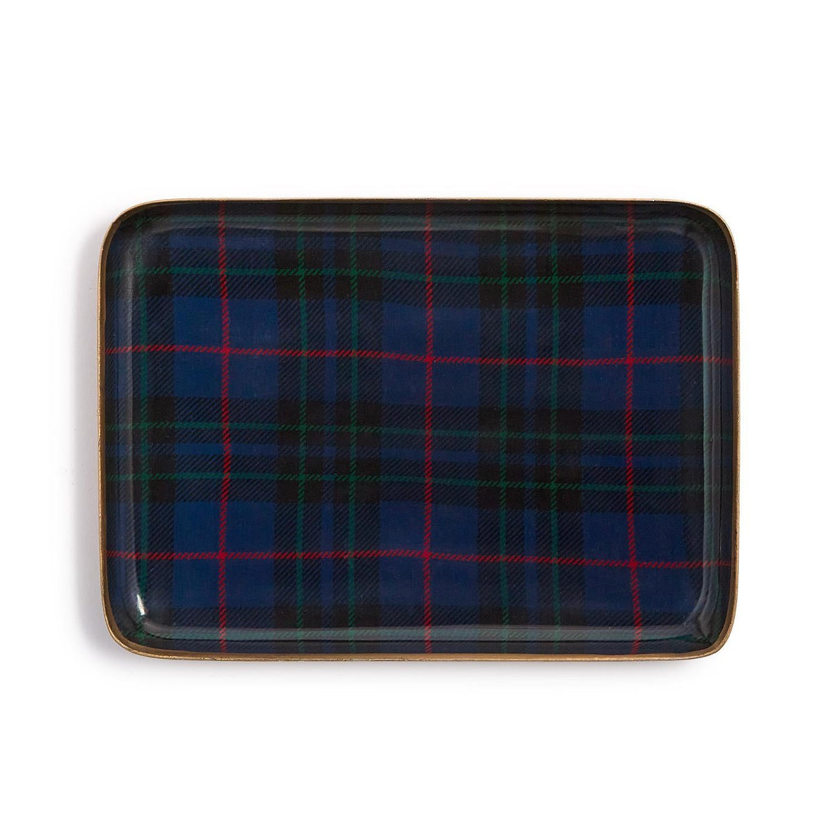 Mellow Monkey rectangular metal tray featuring a classic blue, green, and red Black Watch tartan plaid pattern.
