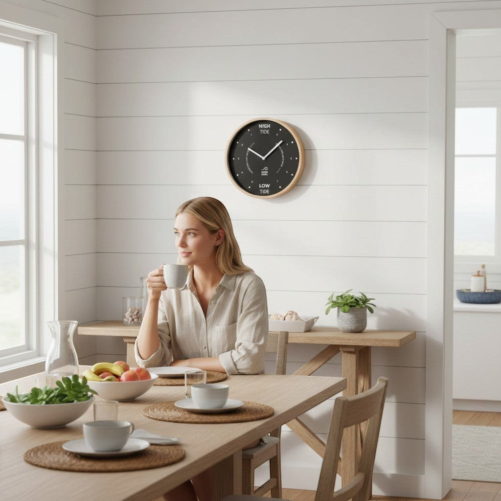 Mellow Monkey 12-in black wood tide clock with beech frame, white hands, and mineral glass face, showing incoming tide.