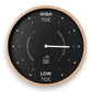Mellow Monkey black wood tide clock with white hands and face, displaying hours until high or low water. Natural beech frame.
