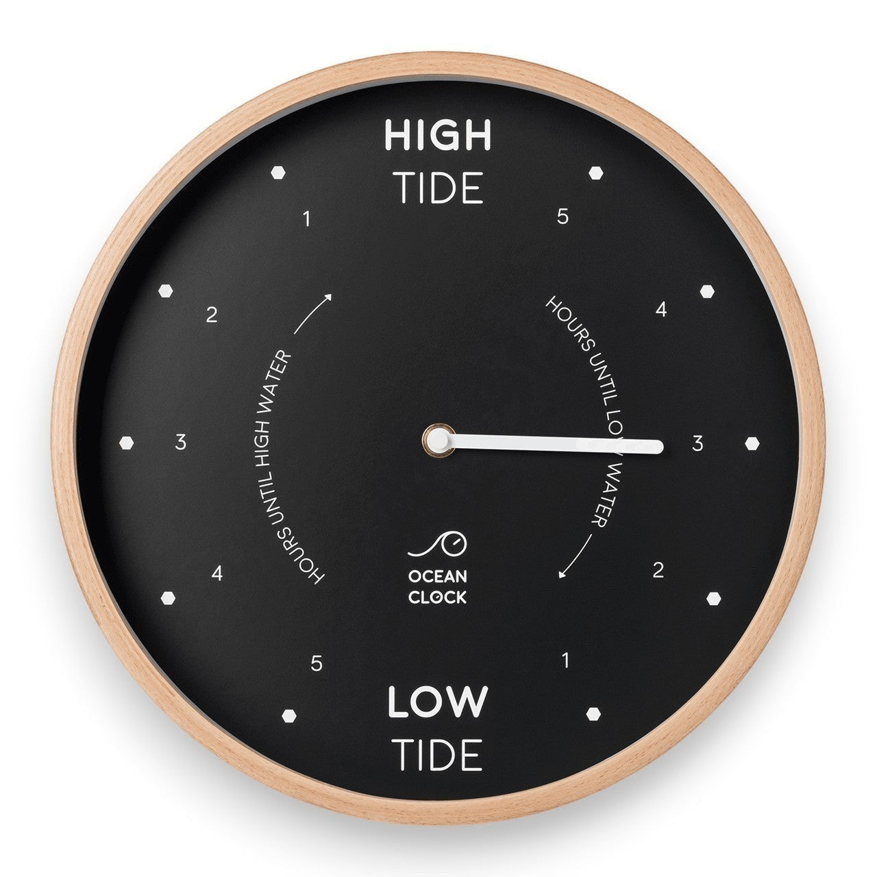 Mellow Monkey black wood tide clock with white hands and face, displaying hours until high or low water. Natural beech frame.