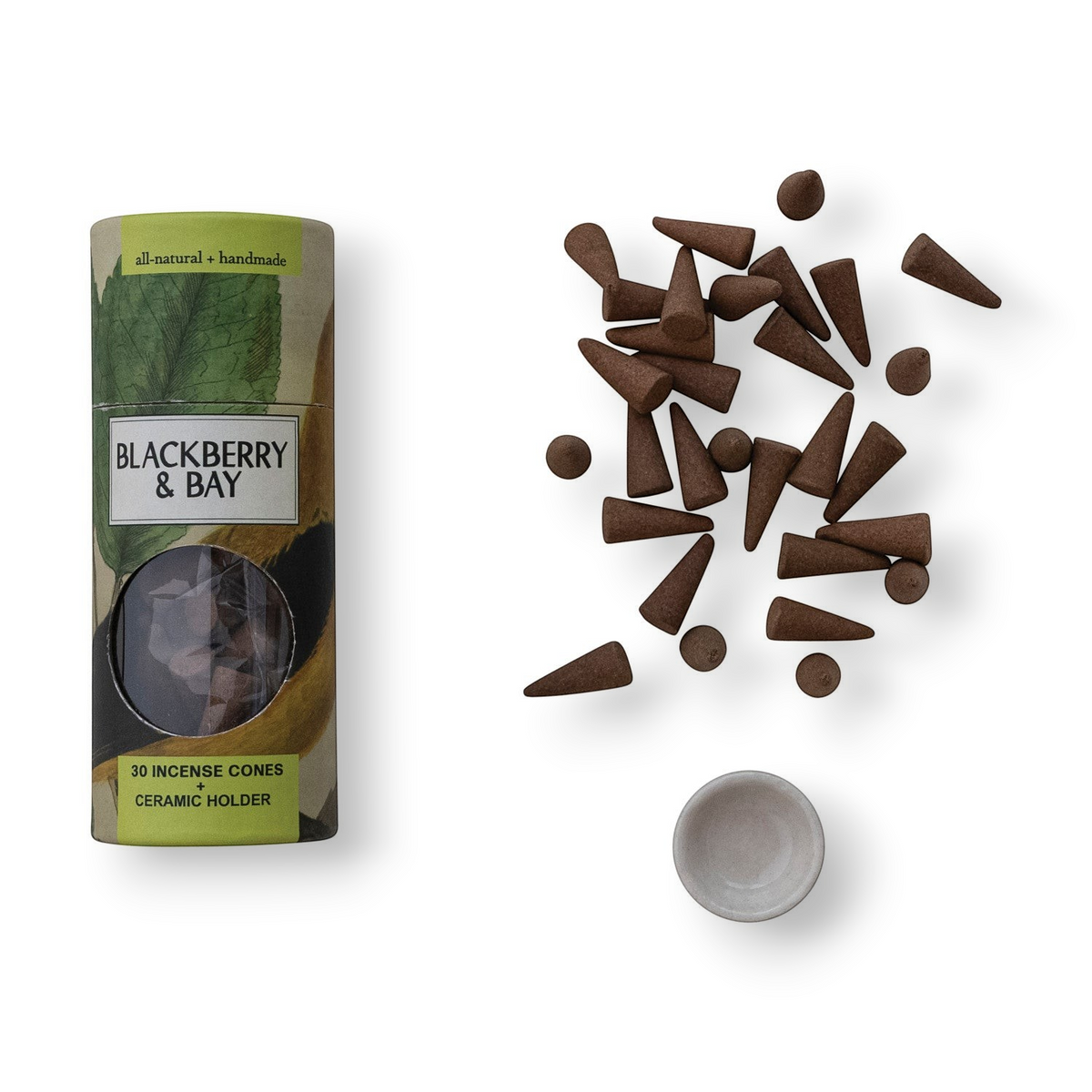 Mellow Monkey blackberry and bay scented incense cones with a small round ceramic holder in a cardboard tube.