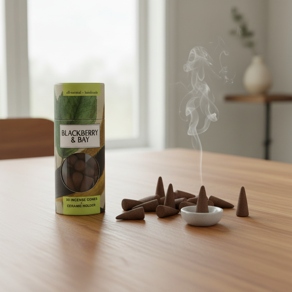Mellow Monkey blackberry and bay scented incense cones with a small round ceramic holder on a wooden table