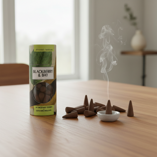 Mellow Monkey blackberry and bay scented incense cones with a small round ceramic holder on a wooden table