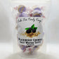 Mellow Monkey Blackberry Crumble Salt Water Taffy, purple and tan swirled chewy candy in a clear bag, 6 oz.