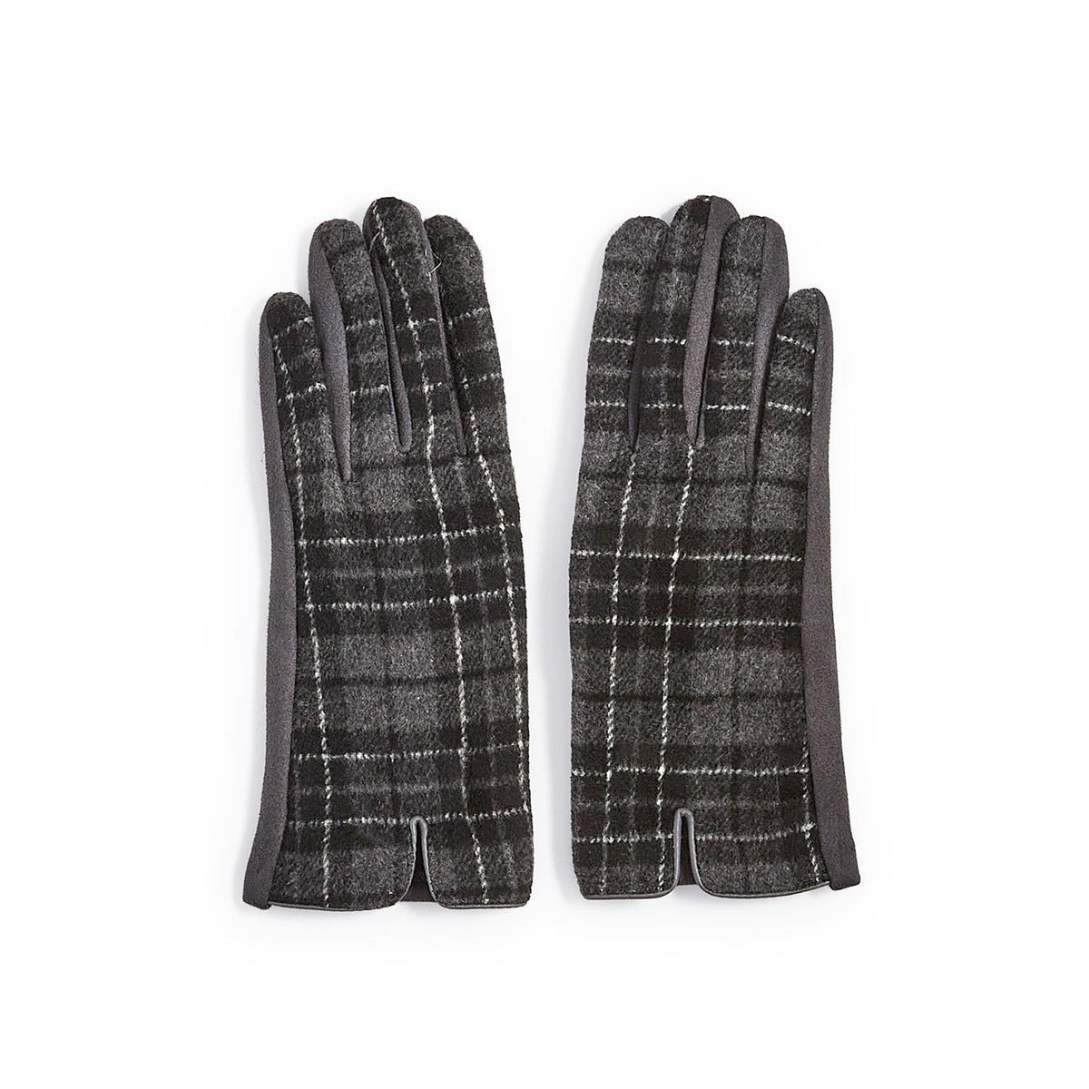Mellow Monkey Blair gray plaid winter gloves with microsuede palms and touchscreen compatible fingertips