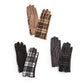 Mellow Monkey Blair plaid winter gloves with microsuede palms and touchscreen fingertips in gray, tan, and black.