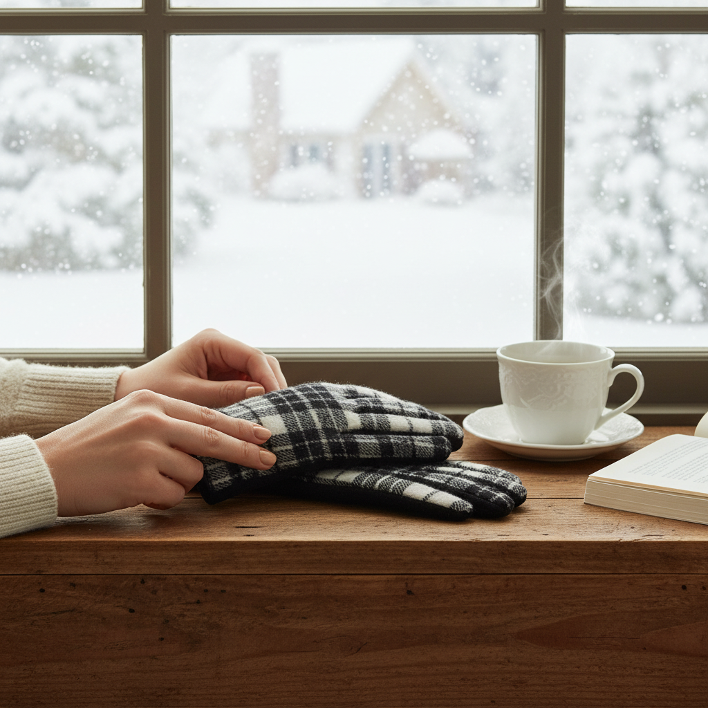 Mellow Monkey Blair plaid gloves with touchscreen fingertips resting on a wooden windowsill by a snowy window.