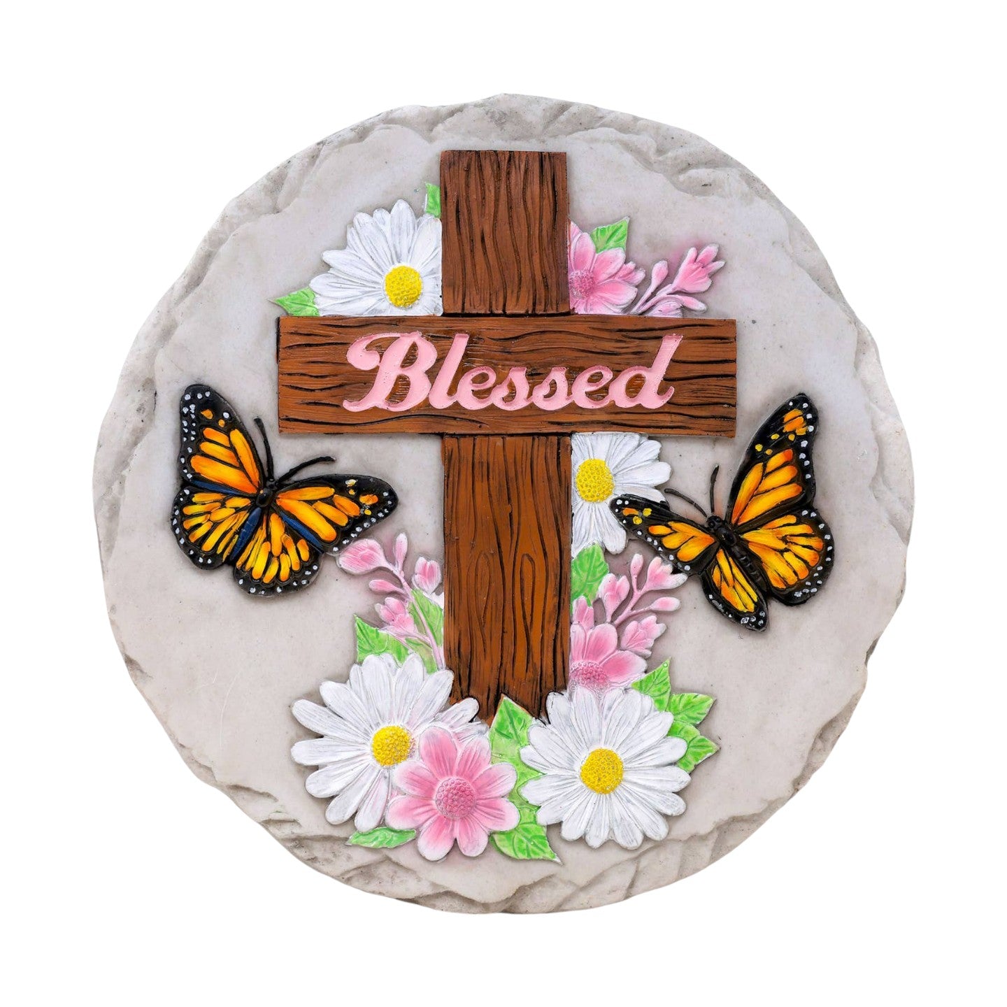 Mellow Monkey Blessed round stepping stone featuring a wooden cross, monarch butterflies, and floral accents.