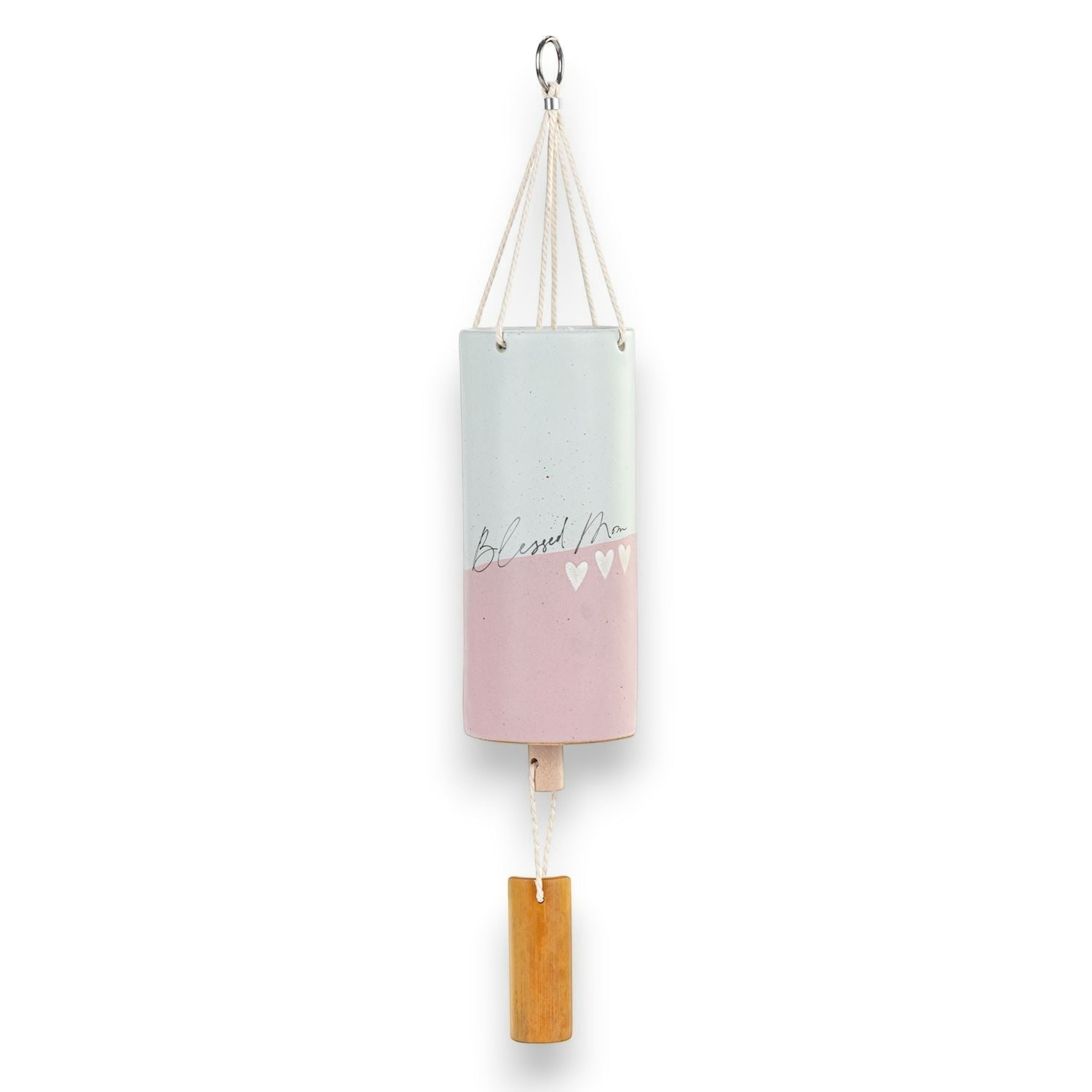 Mellow Monkey Blessed Mom wind chime with stoneware cylinder, bamboo striker, and rope hanger. Light blue and pink gradient.