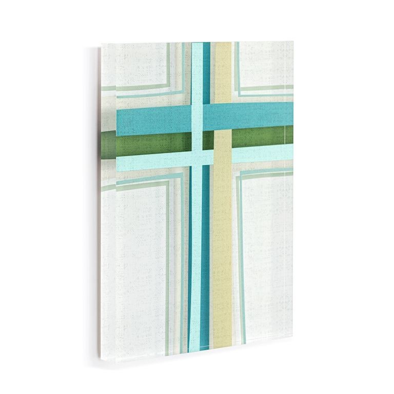 Mellow Monkey Blessed Together Tile Acrylic Wall Art, 5x7-in, featuring a cross design with teal, green, and tan stripes on a white textured background.